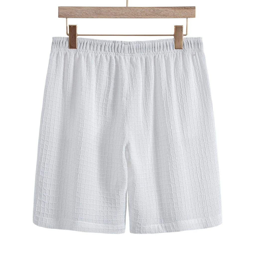 Men's white jacquard short sleeve shirt and shorts casual suit set on hanger