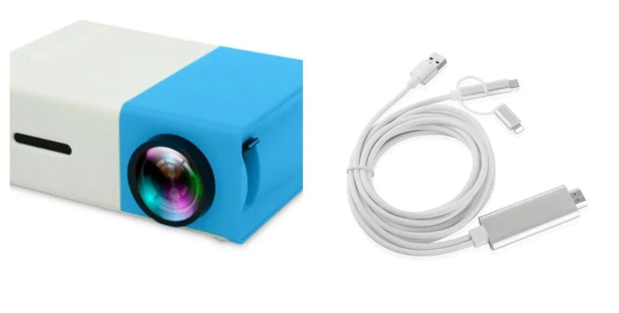 Compact black HD 1080P mini digital projector with UK power plug on white background