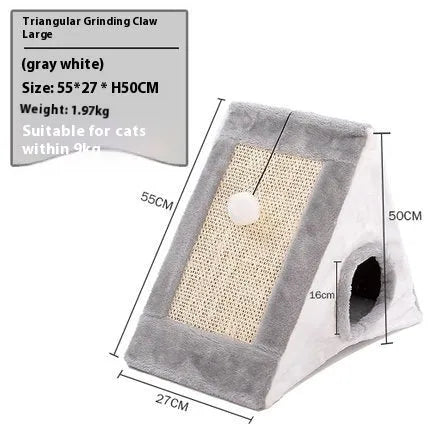 Triangular cat bed with integrated sisal scratching panels in grey and white colour scheme