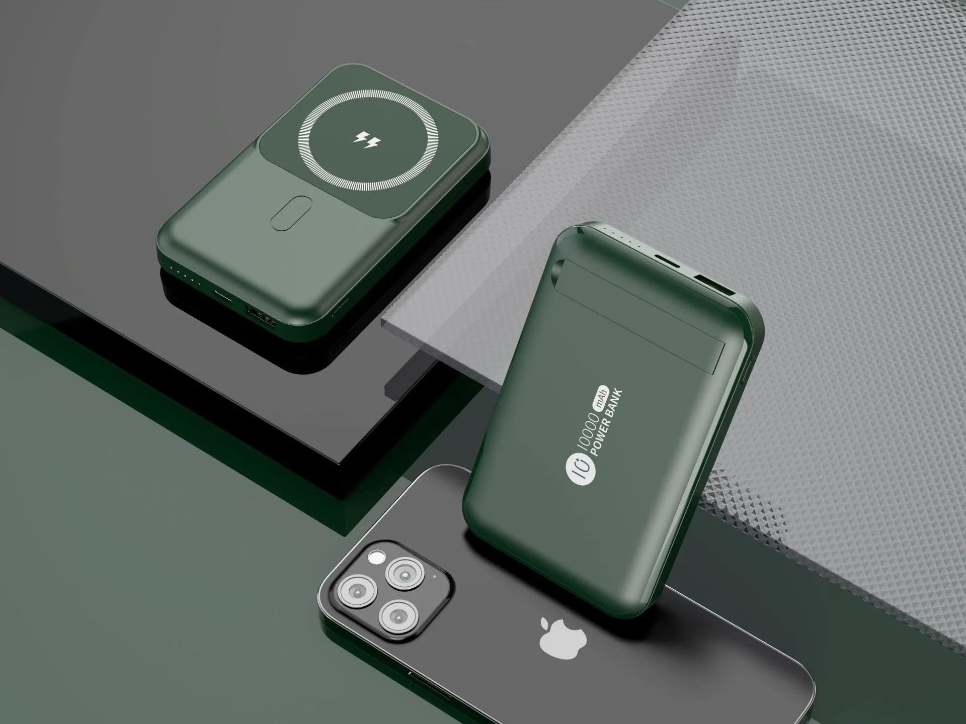 Magnetic wireless charging power bank with folding bracket showing capacity options and colour variations