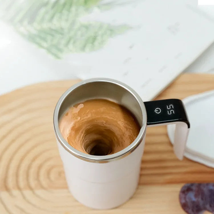Electric magnetic stirring mug 380ml with USB rechargeable battery, LCD temperature display, black or white, stainless steel interior