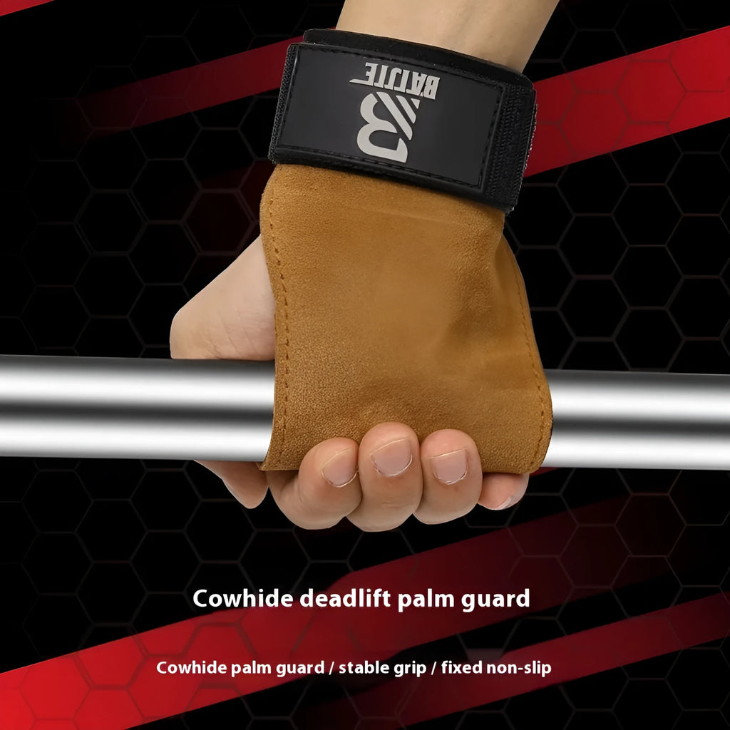 A pair of brown grip strength wrist bands for pull-up and fitness hand protection.