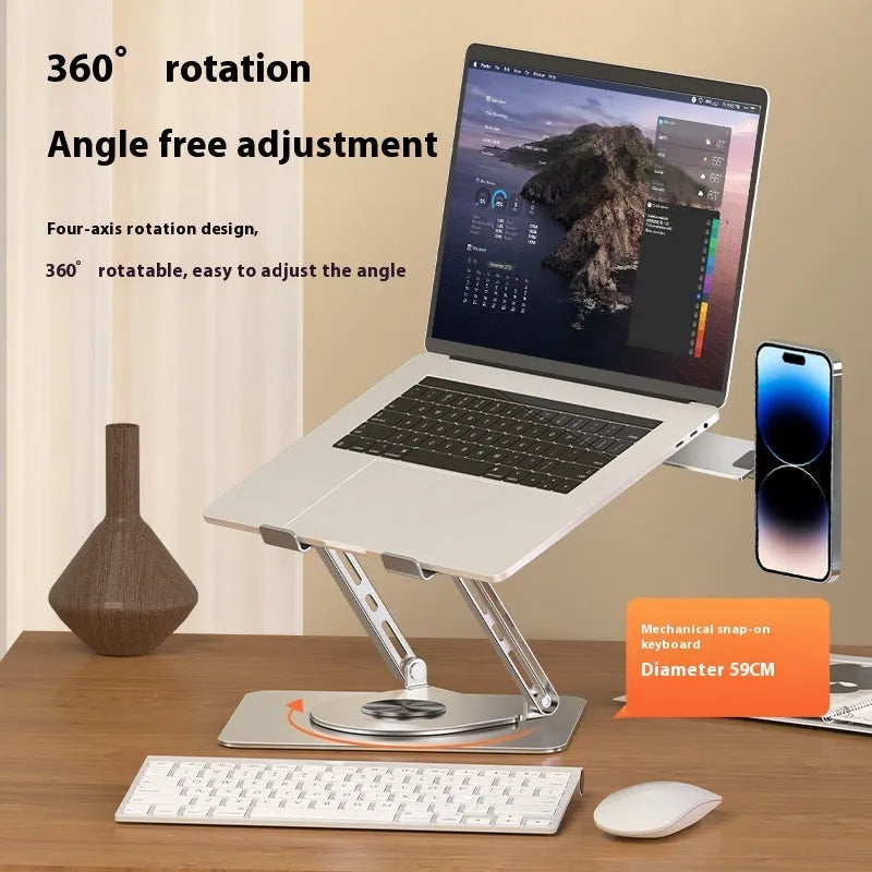 Silver carbon steel laptop stand with magnetic phone holder rotating on desk