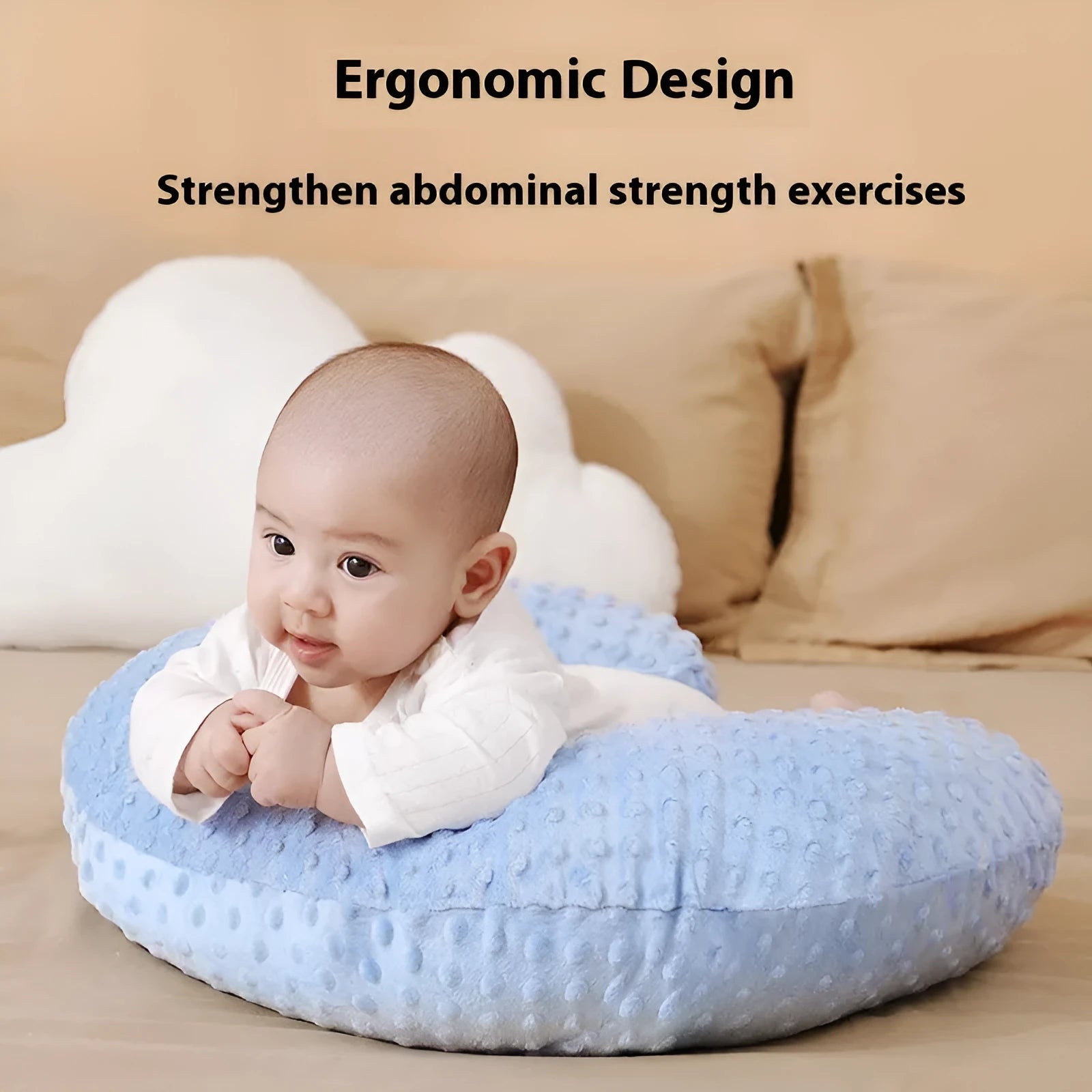Nursing pillow with removable cover in light blue, featuring a built-in milk spilt preventer.