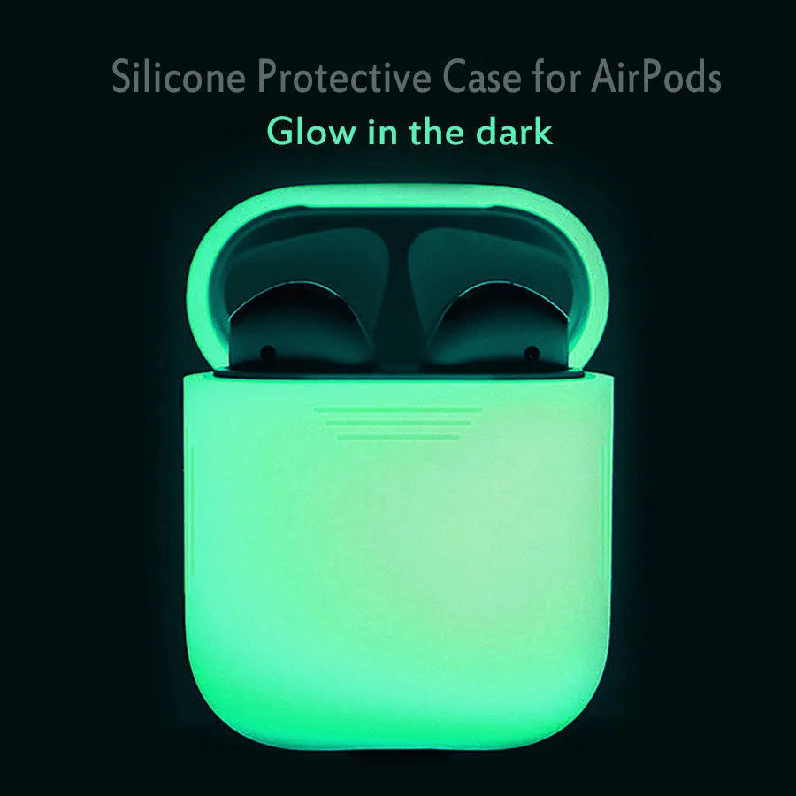 Luminous blue flip-top silicone protective case for Apple AirPods on a dark surface