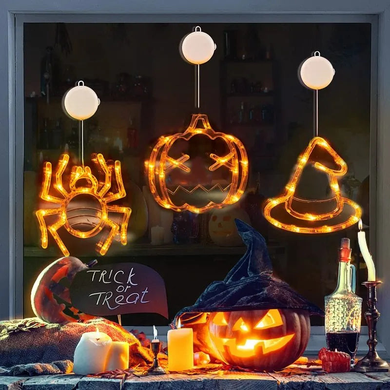 Halloween window hanging LED lights with spider, pumpkin, and ghost designs for holiday decoration