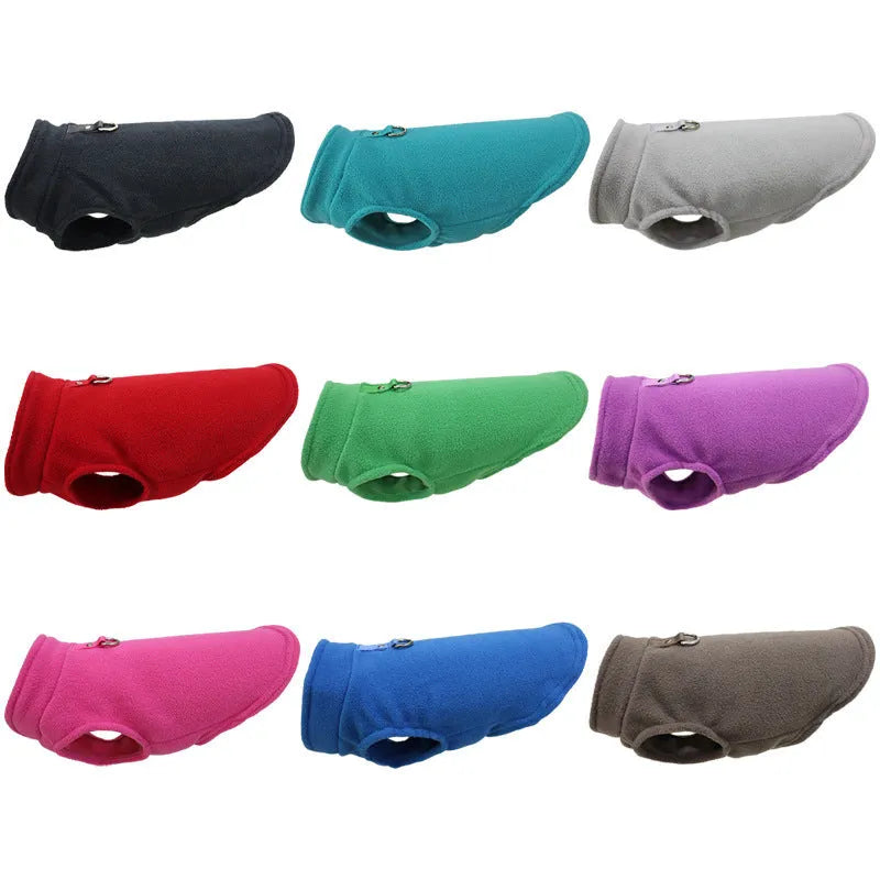 Polar fleece dog waistcoat winter coat in solid colours including red, black, blue, grey, green, purple, pink, brown