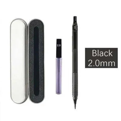 Metal automatic mechanical pencil showing lead size options from 0.3mm to 3.0mm for writing and drafting