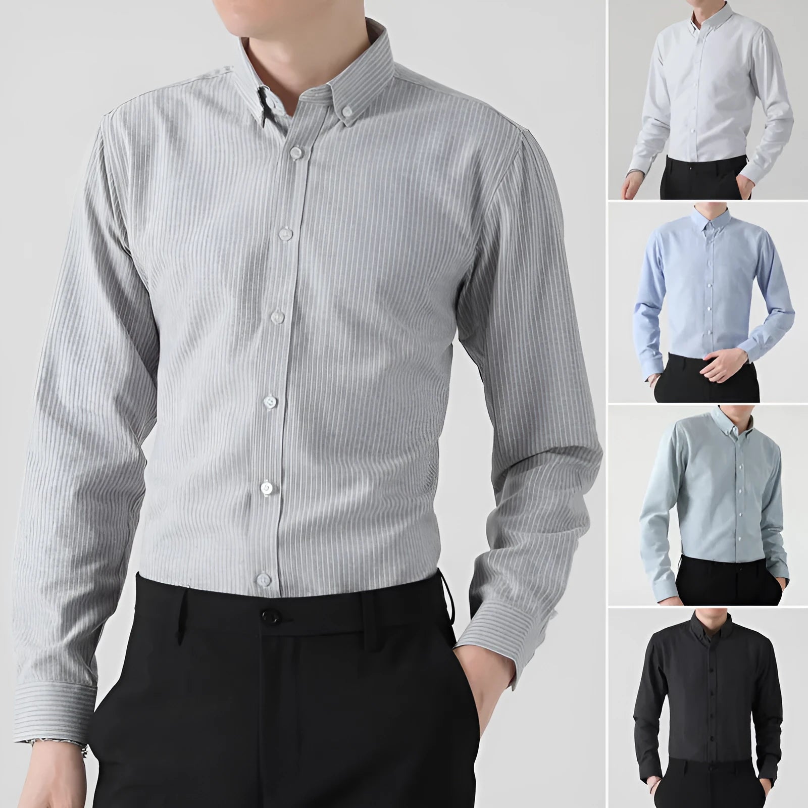 Casual men's long-sleeved striped Oxford cloth shirt in slim fit, available in white