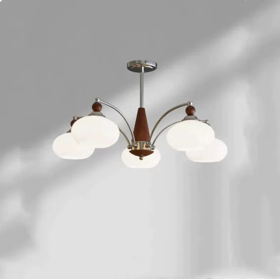 Persimmon glass and chrome chandelier with multiple glass lampshades in a choice of colours.