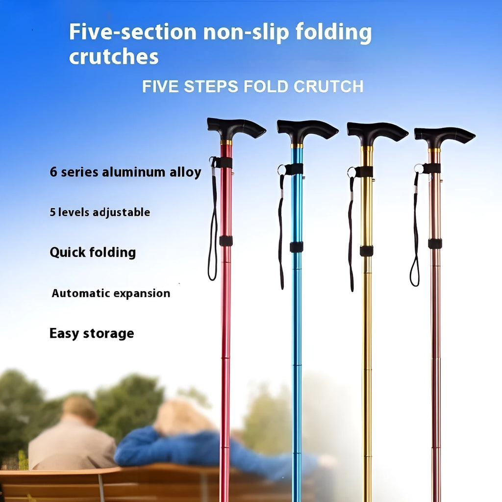 Adjustable aluminium folding walking cane extended, showing anti-slip handle and rubber tip.