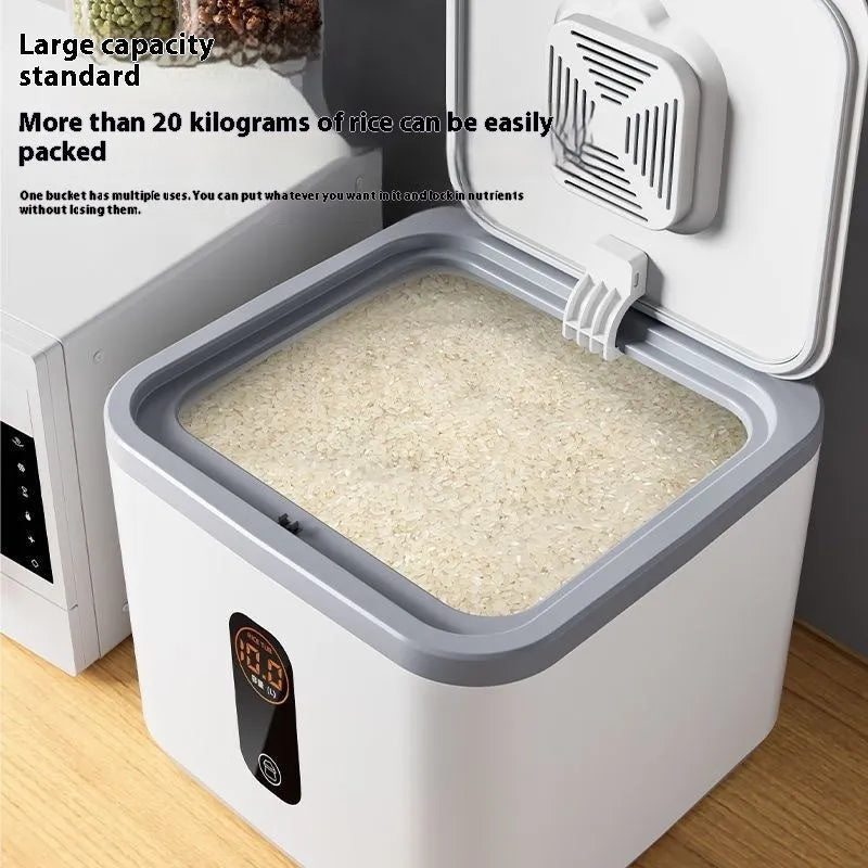 Grey plastic sealed rice storage jar with a measuring cup, shown in different capacity sizes.