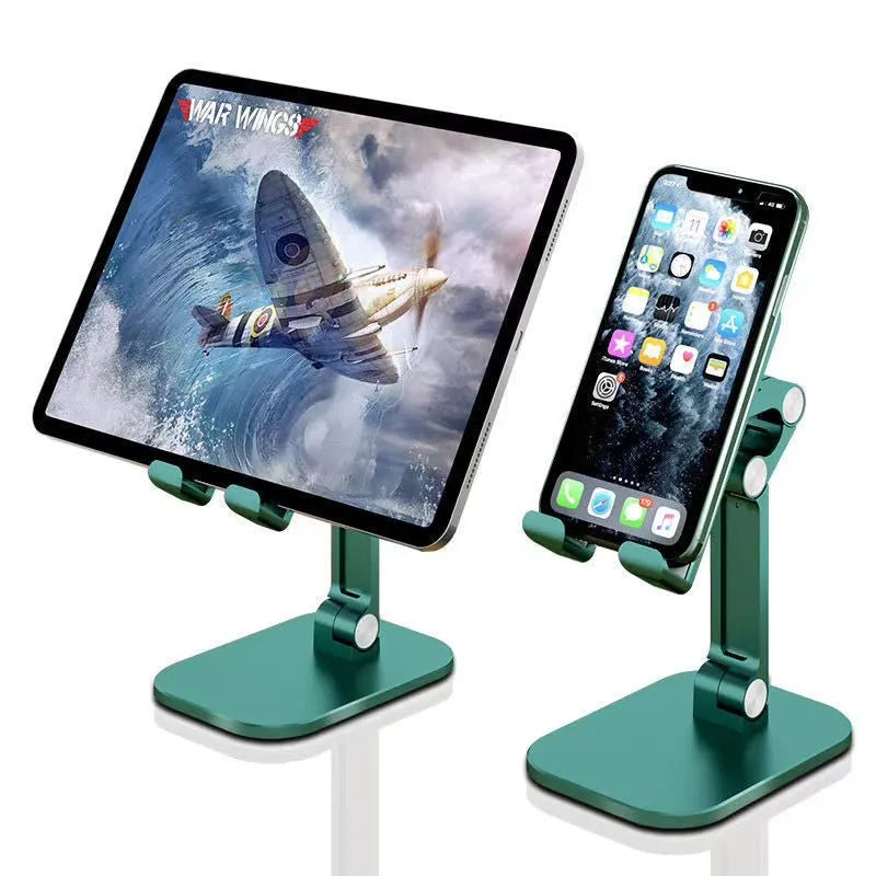 Metal folding phone holder for tablet desktop or car use with adjustable clip in black