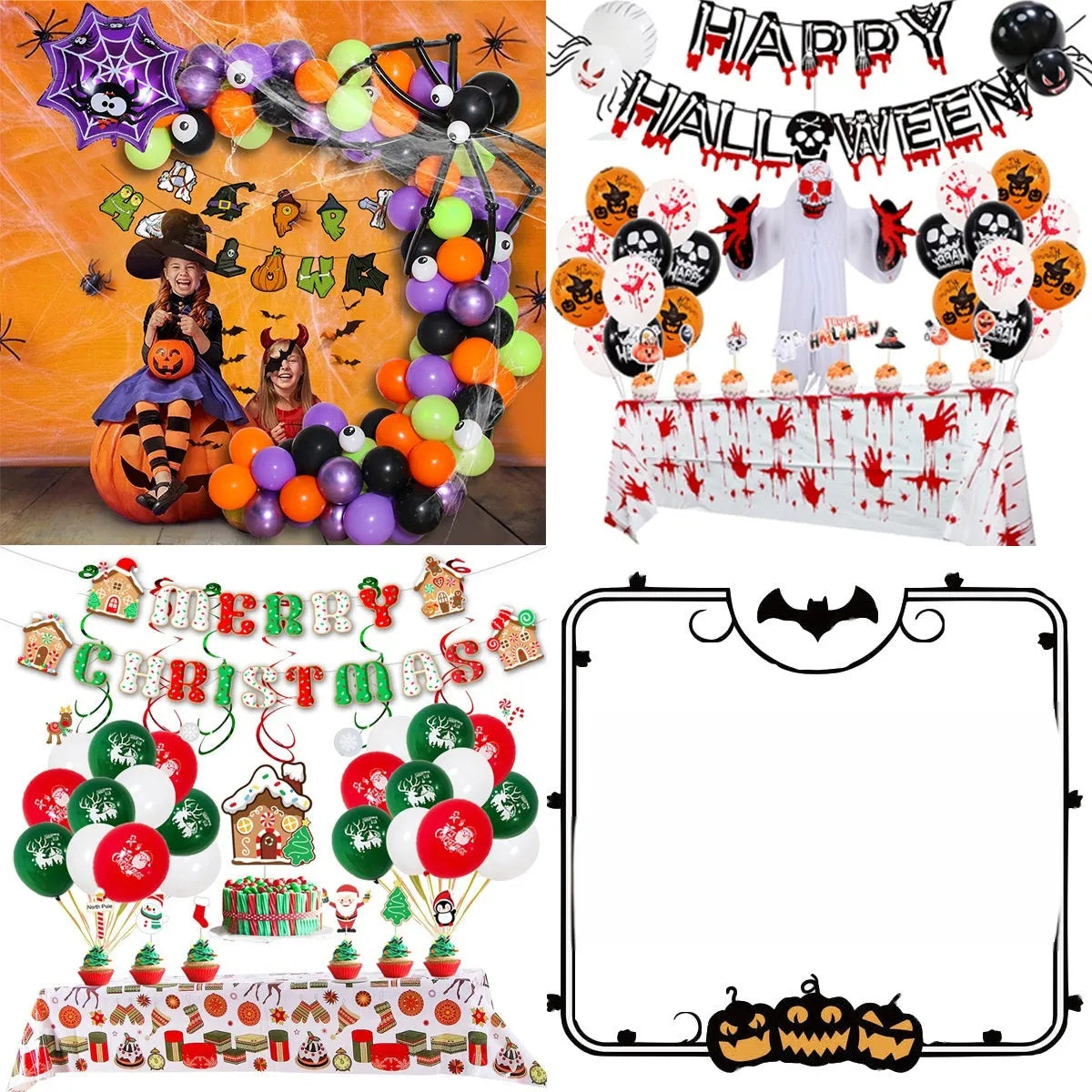 Halloween spider balloon arch decoration set with black and white skeleton and pumpkin balloons