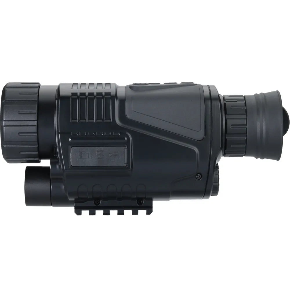 NV300 black infrared digital night vision telescope with 40mm lens, shown with storage bag and cables.