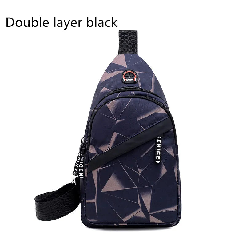Men's blue crossbody sling bag with an earphone hole and zipper pocket.