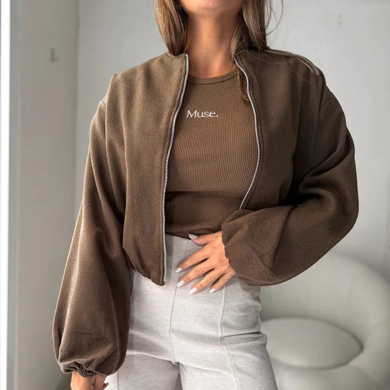 Women's off-shoulder lantern sleeve jacket in polyester fabric, brown colour