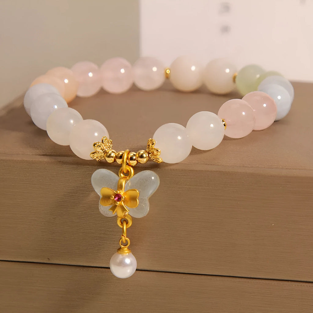 Natural morganite crystal bracelet with colourful butterfly pendant and adjustable chain