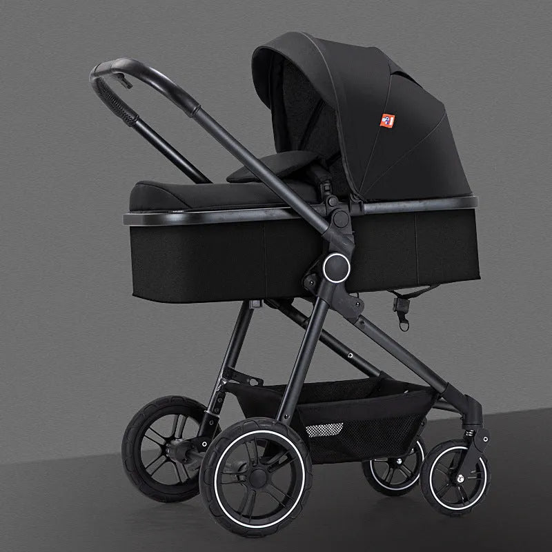 Four-wheel aluminium alloy pushchair with lie-flat high-view seat in classic black colour option