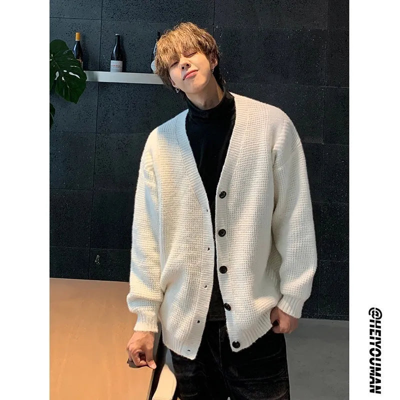 Men's casual V-neck cardigan sweater in army green, loose fit, long sleeve