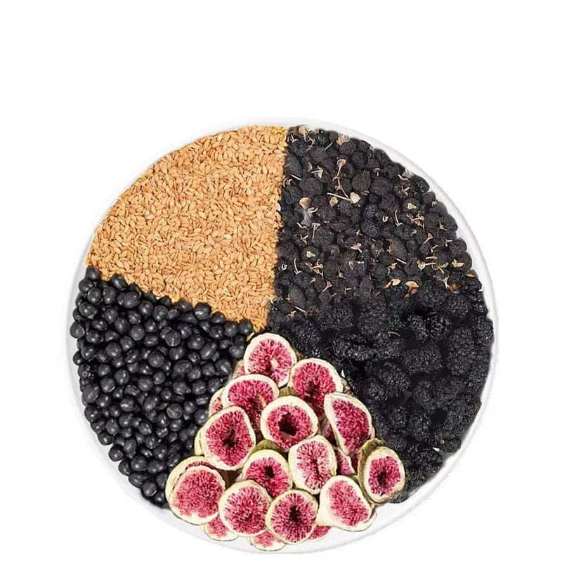 Black wolfberry mulberry flaxseed herbal tea bags in packaging with free cup