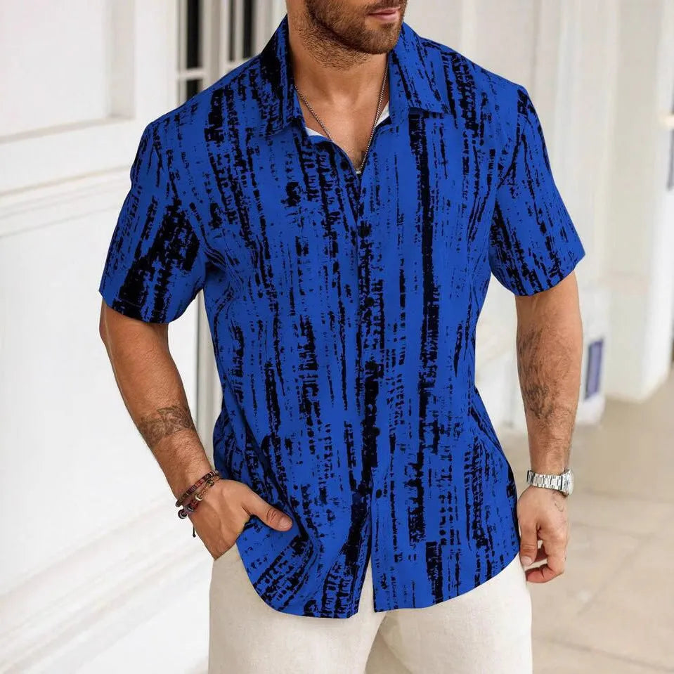 Man wearing a blue striped short sleeve casual polyester shirt.