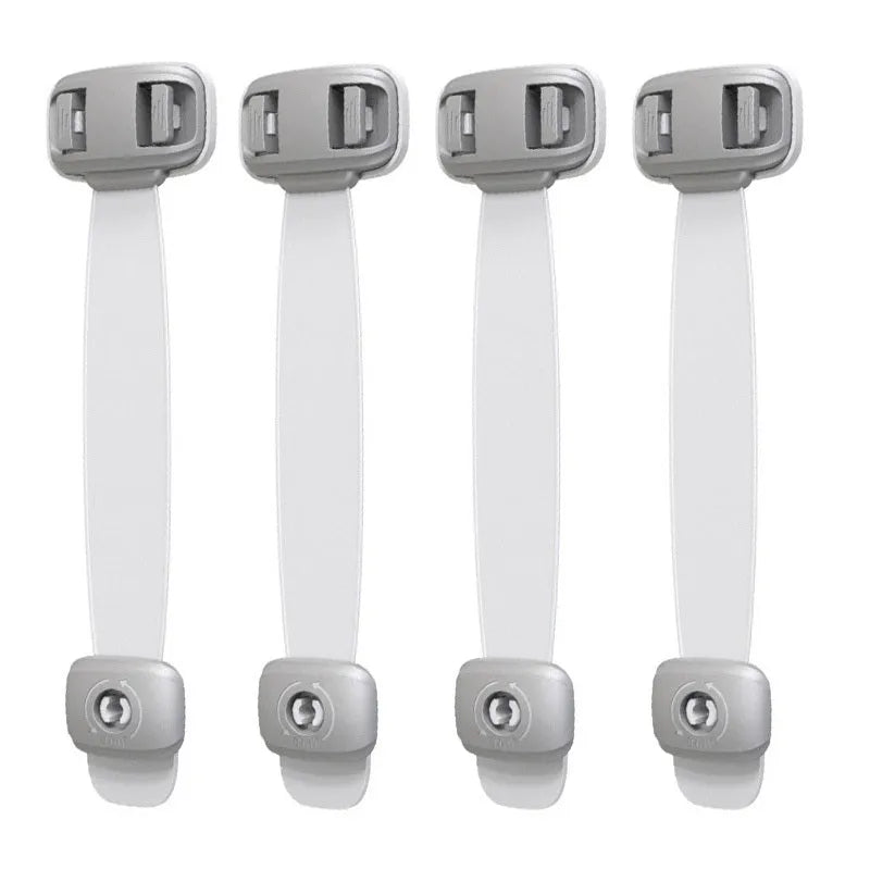 Grey and green adjustable child safety cabinet locks with adhesive backing