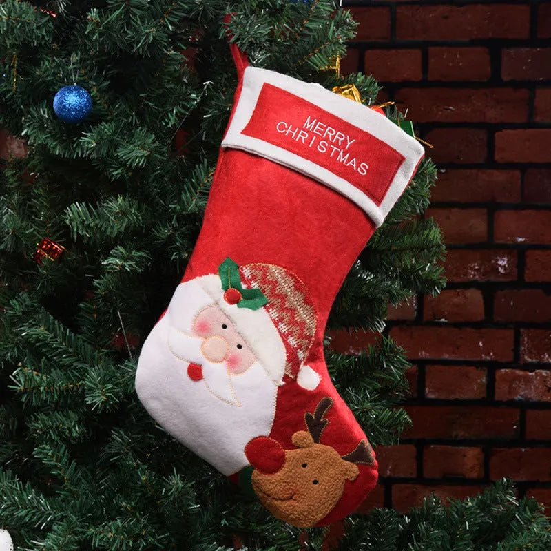 American folk art Christmas stocking with embroidered elk design in non-woven fabric