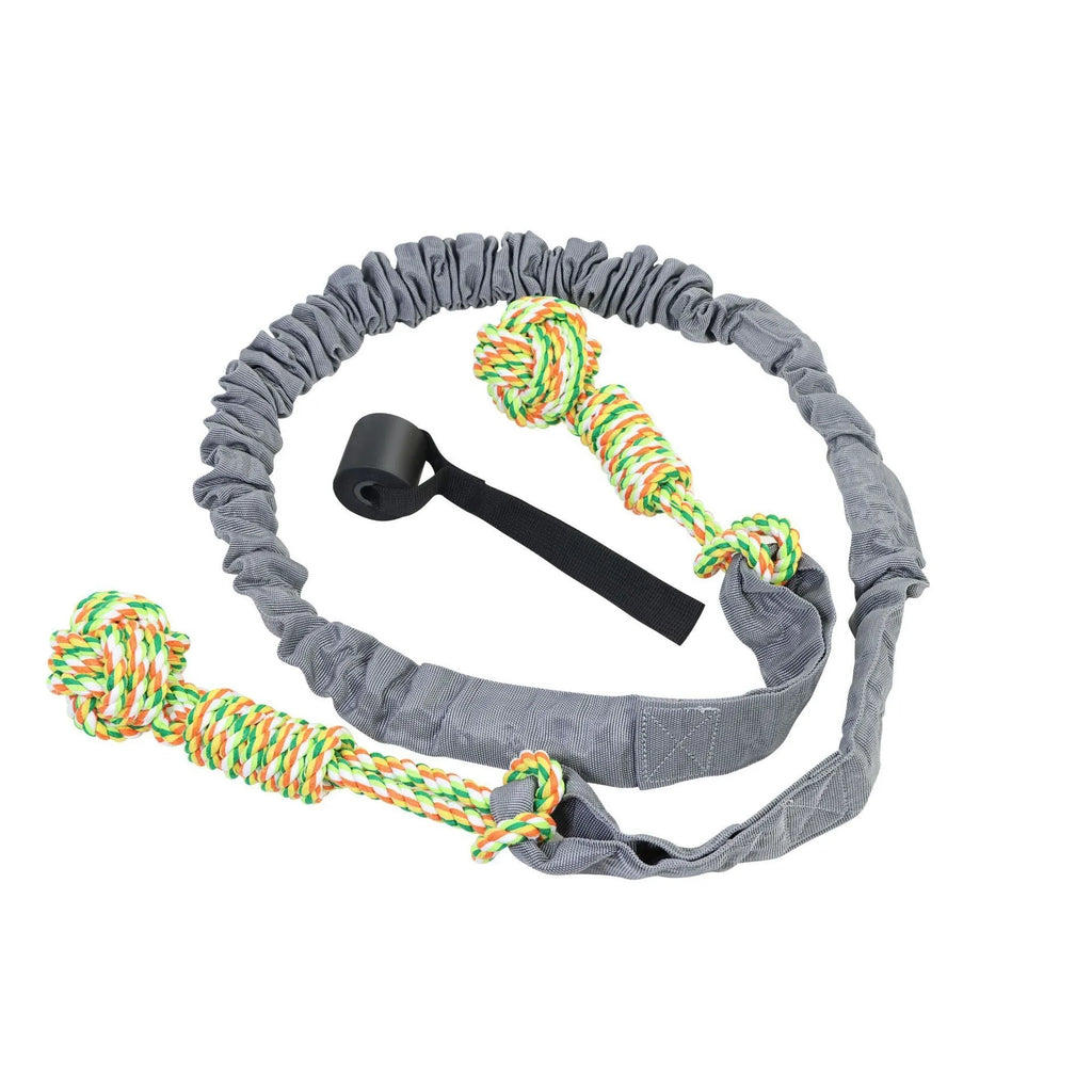 A woven cotton thread dog tug-of-war rope toy shown in black, grey and red colour options.