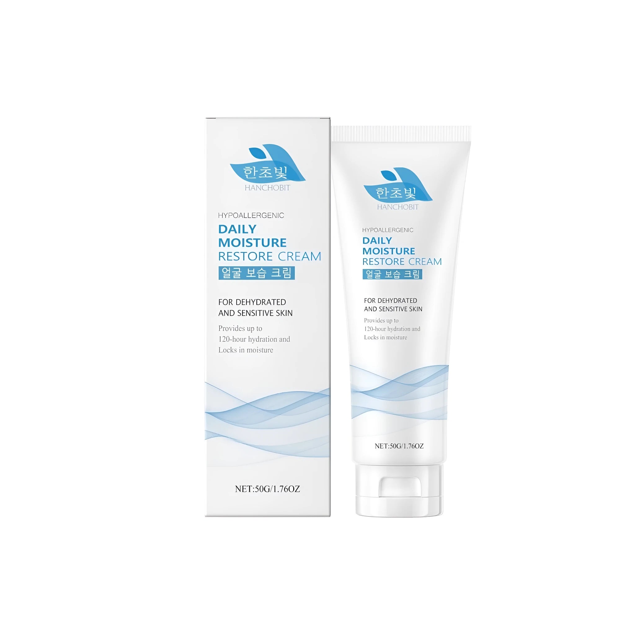 50g glass jar of facial moisturising cream with hyaluronic acid and ceramide on a white background.