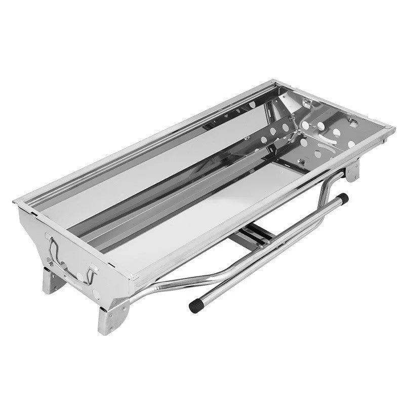 Stainless steel portable folding barbecue oven for outdoor group cooking.