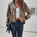Women's leopard print polyester fashion jacket with long sleeves, shown in front view