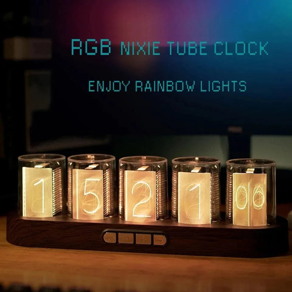 RGB LED digital tube clock displaying time with colourful lighting effects on desk