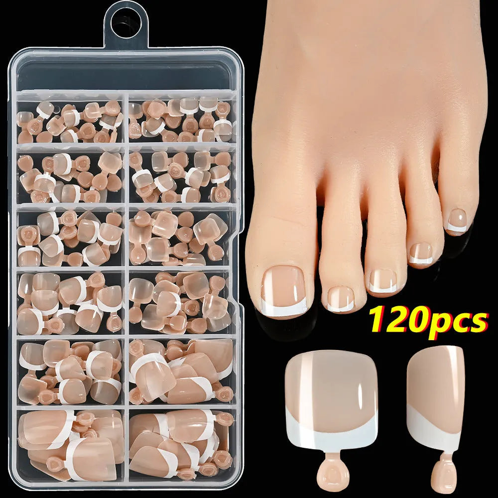 Open box showing 120 French white edge nude square false toe nail pieces in various shades.