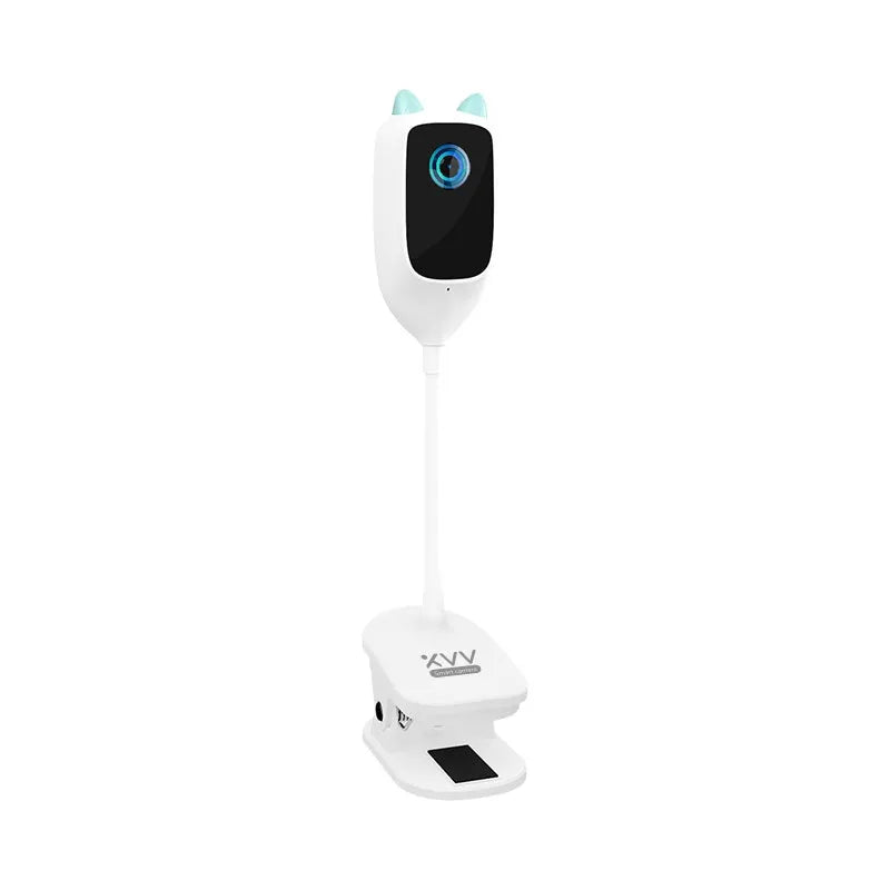 White smart baby monitor with 1080p HD night vision and 150 degree wide angle lens on a shelf