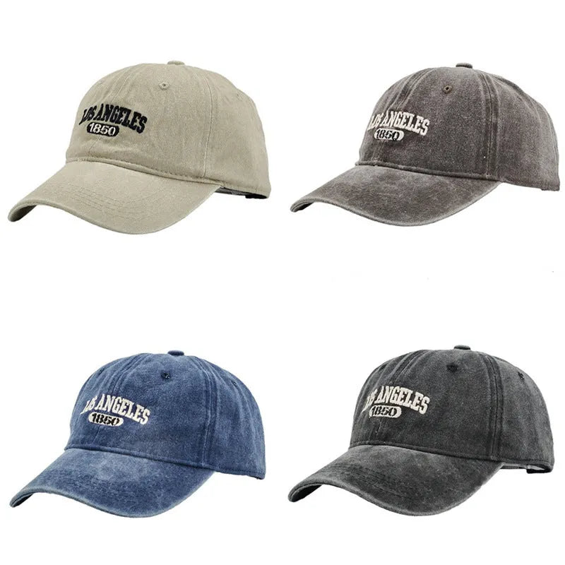 Retro distressed personalised baseball cap with embroidered letters on the front, showing adjustable strap.