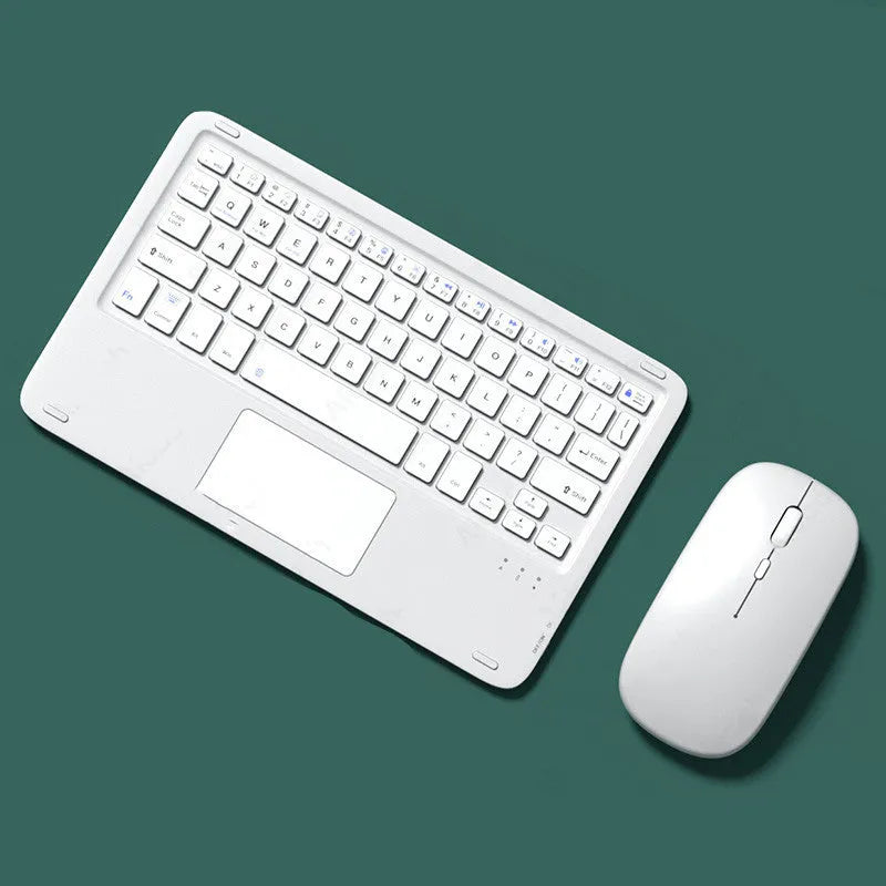 Pink Bluetooth touch keyboard and mute wireless mouse combo with USB charging cable on white background