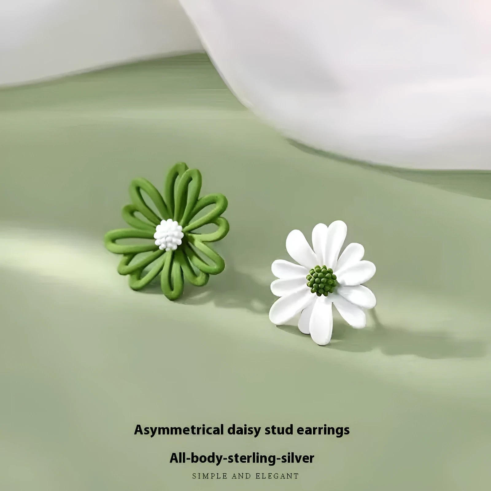 Women's flower stud earrings in blue and orange, white and green, or yellow and white two-tone colour combinations