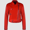 Woman wearing a red PU leather jacket with an adjustable black lapel belt fastened at the waist.
