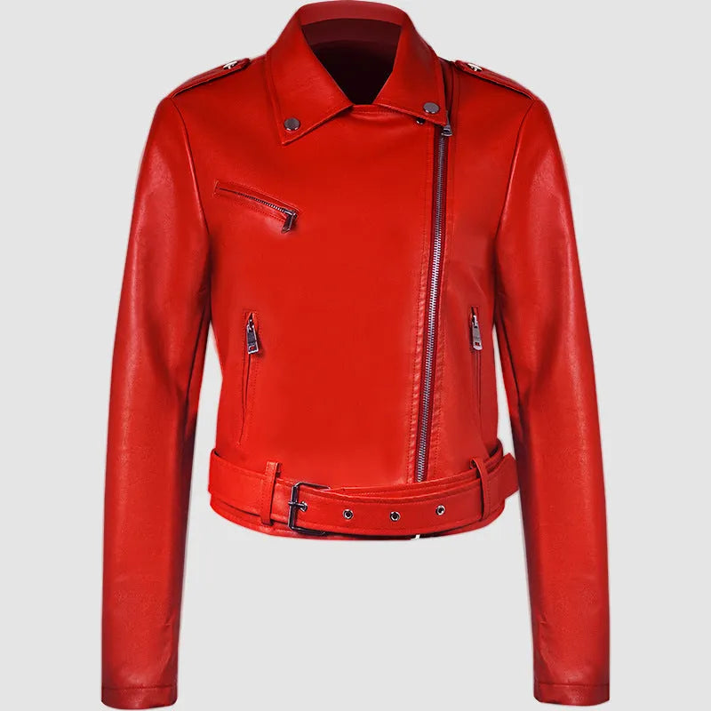 Woman wearing a red PU leather jacket with an adjustable black lapel belt fastened at the waist.