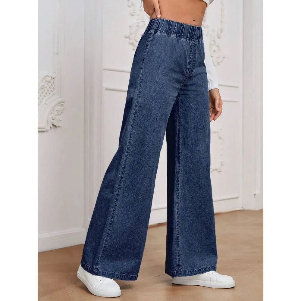 Light blue washed plus size women's wide-leg straight jeans on a mid-waist fit.