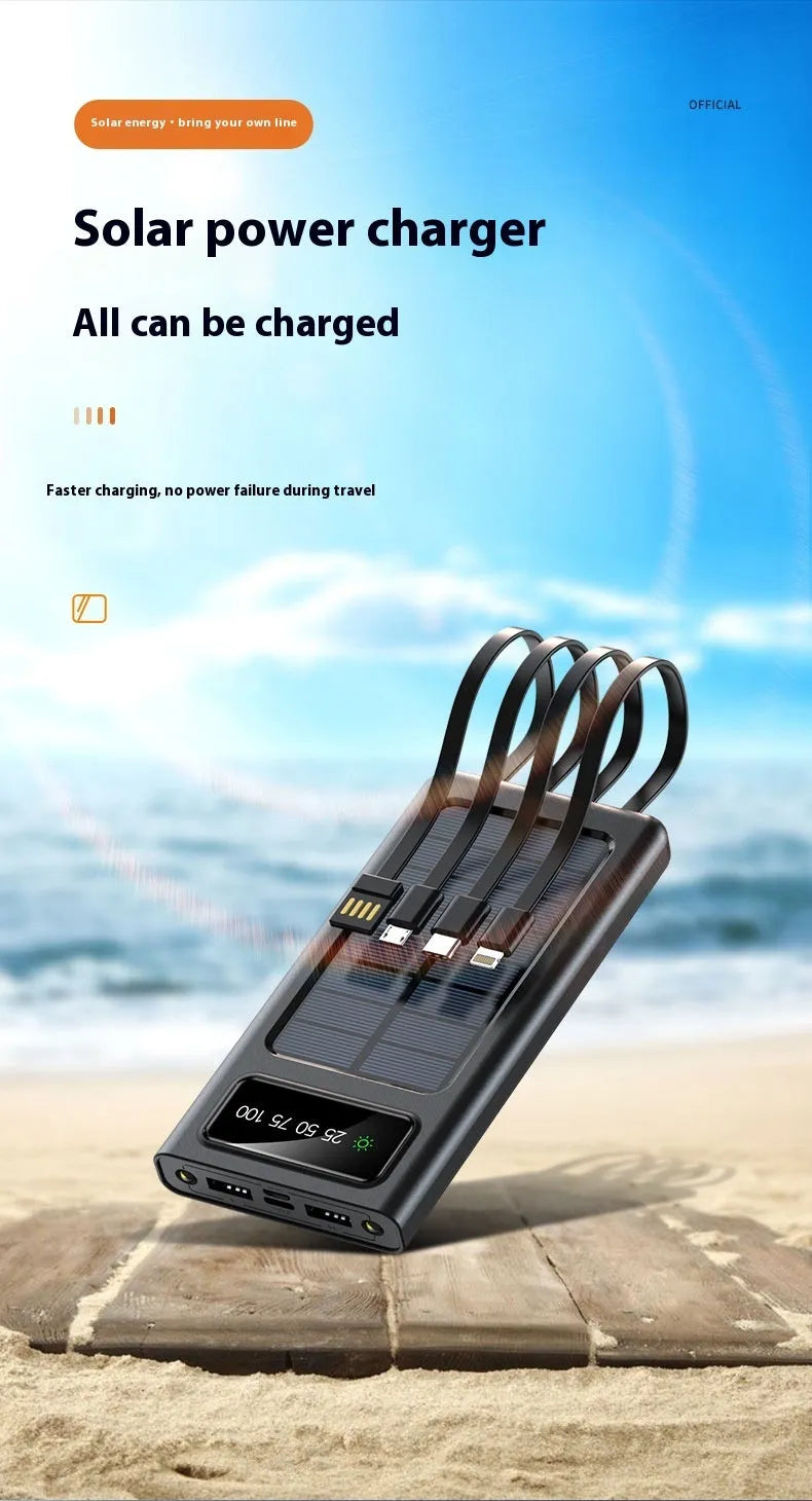 Black or white 20000mAh solar power bank with cable, showing creative design and portable size