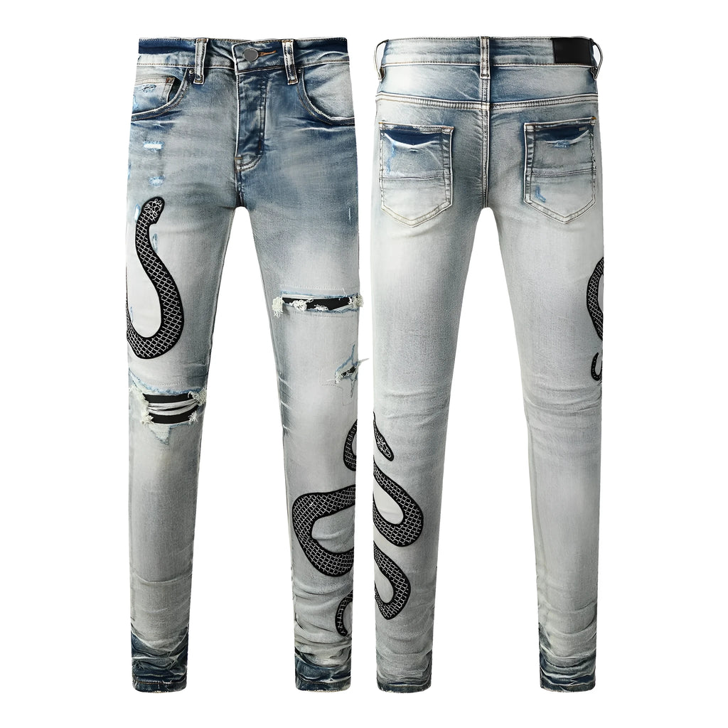 Blue distressed street fashion skinny jeans with a button fly and tight leg fit.