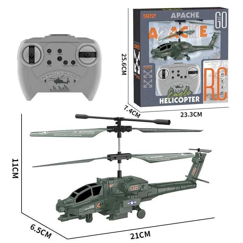 Army green Apache remote control helicopter with gyroscope, anti-fall design, cool light, plastic body, under 30cm