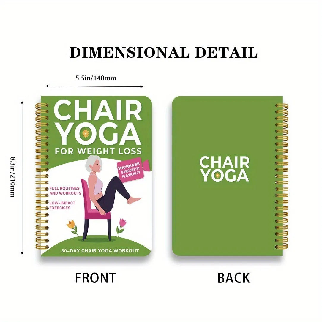 Green coil-bound 30 Days Chair Yoga Training Guide notebook lying open.