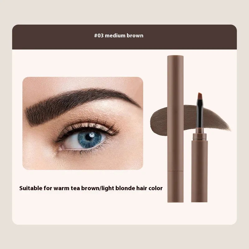 Dual-ended eyebrow cream in five colour shades including reddish brown, brown, light brown, dark brown, and black