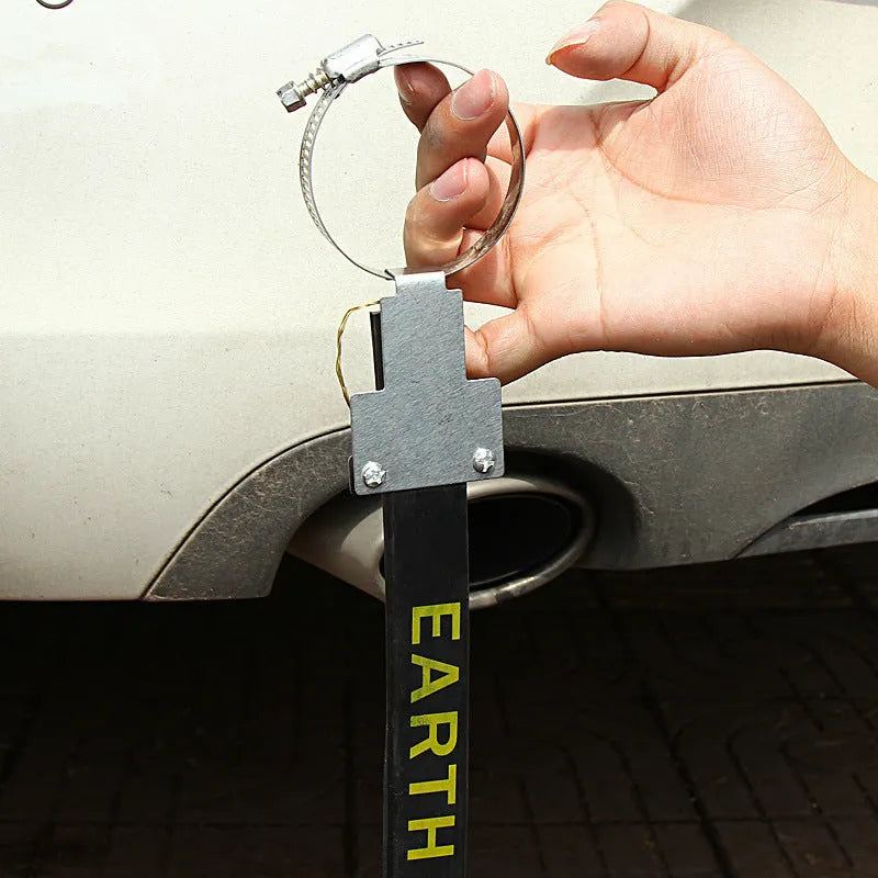 Black rubber car electrostatic grounding belt with metal clip and chain, 37cm long, for static discharge.