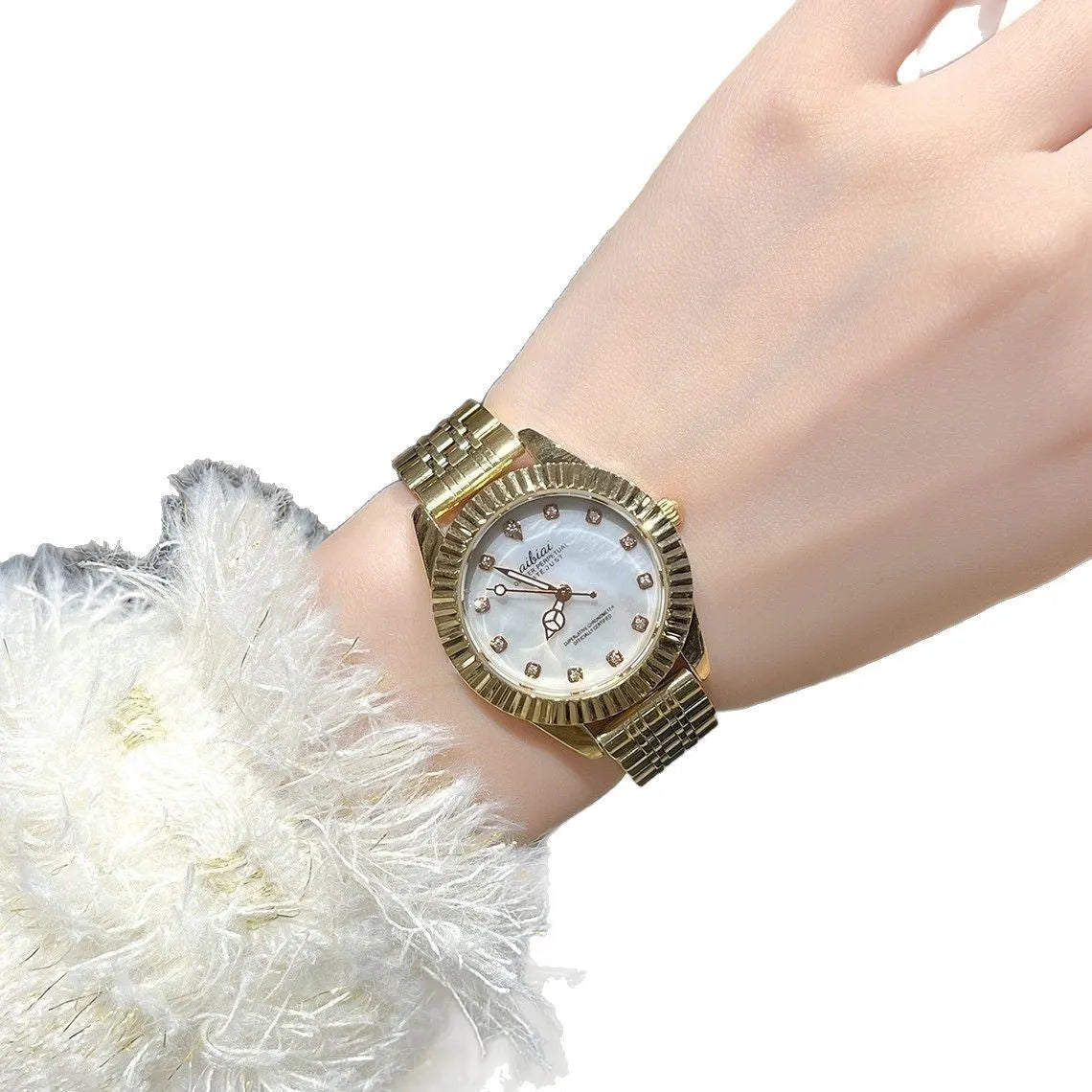 Women's rose shell watch with 7mm thin case, shown with white, red, or black leather strap or steel belt