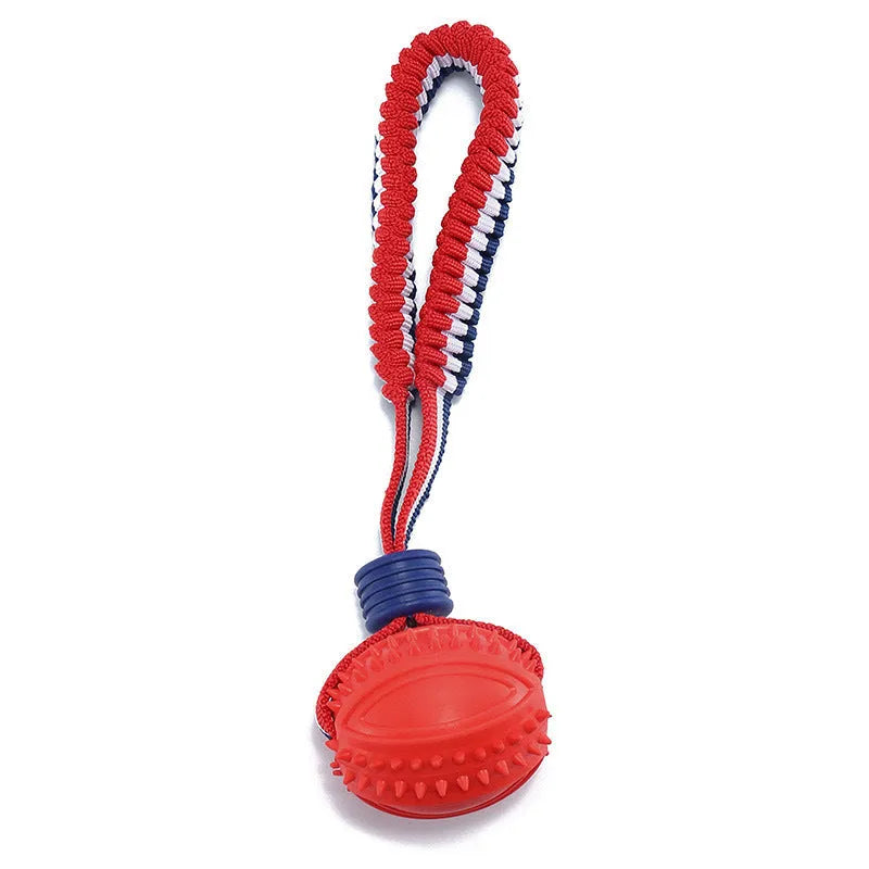 Blue natural rubber dog ball attached to a rope for tug-of-war and dental cleaning.