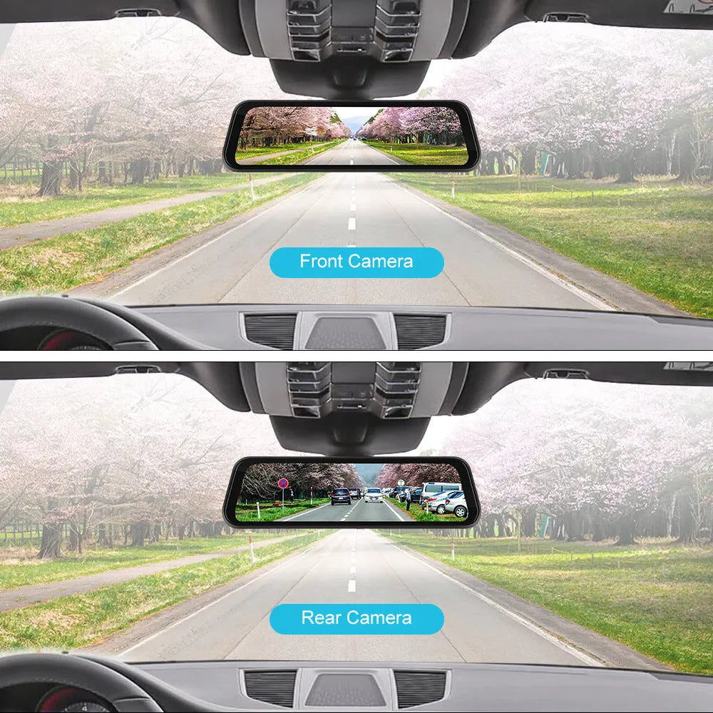 9.66 inch mirror-style car dash cam with HD screen showing video display and smartphone connectivity icons.